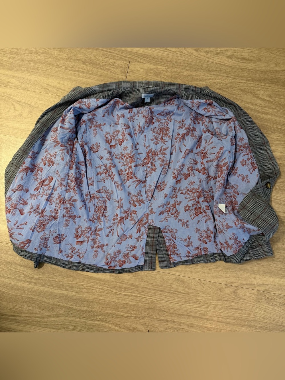 Sundance, 100% Linen Blazer Jacket Plaid Blue Bird Floral Lining | Women Size M - Picture 6 of 9